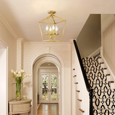 Gold metal cage semi-recessed ceiling light