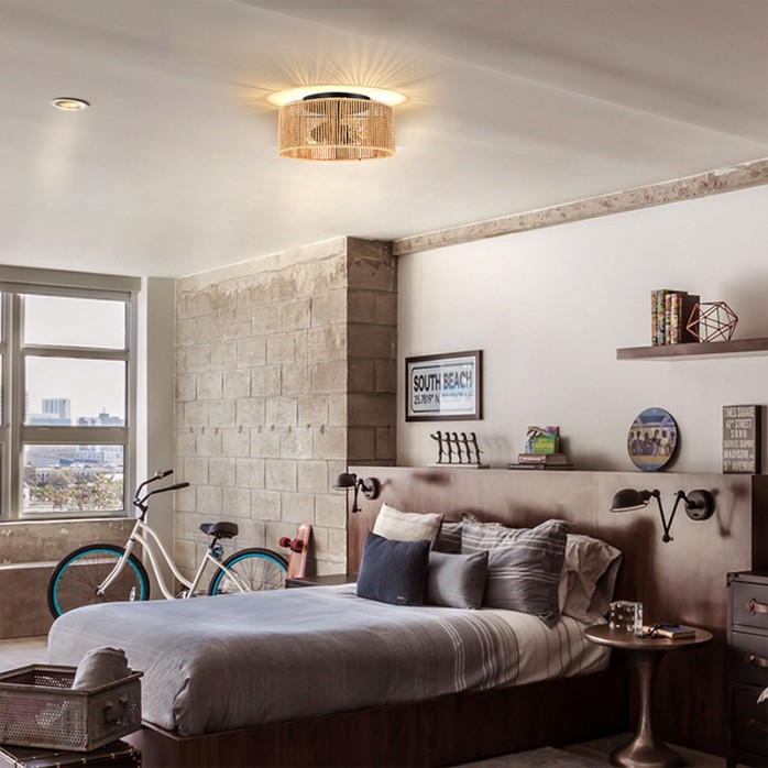 Classic double-headed rattan drum-shaped ceiling lamp
