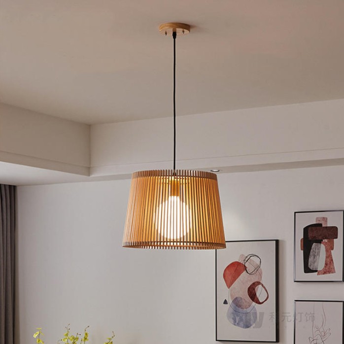 Wooden cylindrical drum-shaped lampshade chandelier