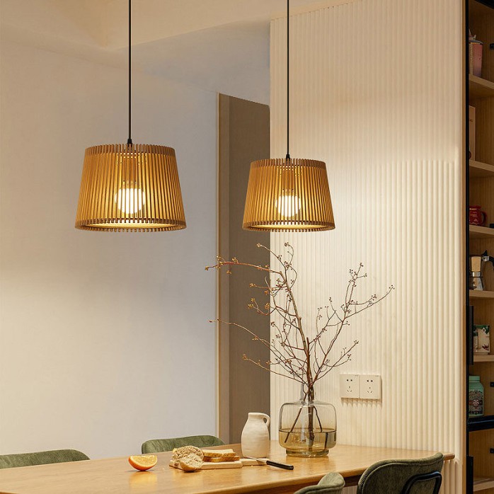 Wooden cylindrical drum-shaped lampshade chandelier
