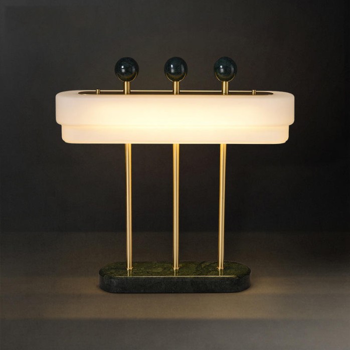 Green marble glass shade brass LED table lamp