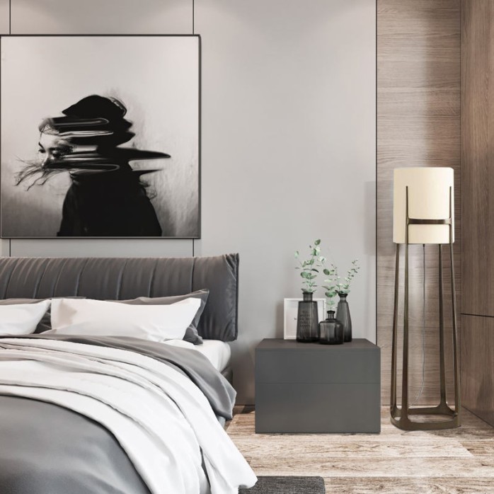Large LED floor lamp with fabric lampshade and metal