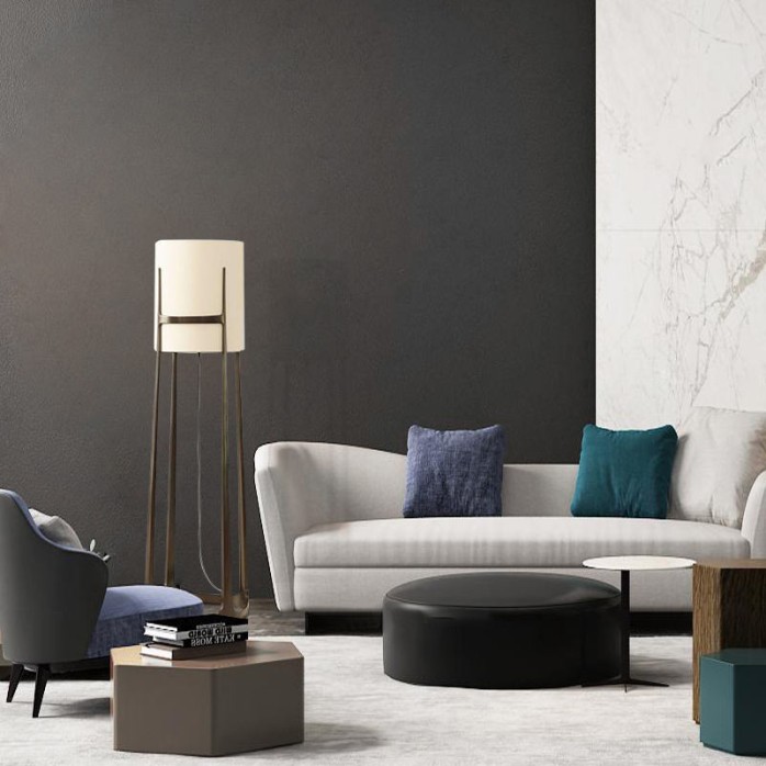 Large LED floor lamp with fabric lampshade and metal