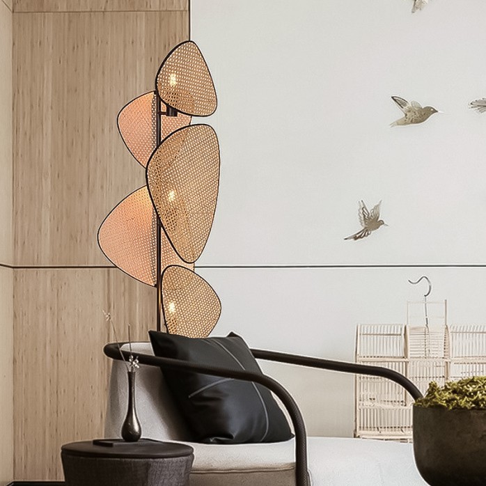 Hand-woven natural rattan grid floor lamp