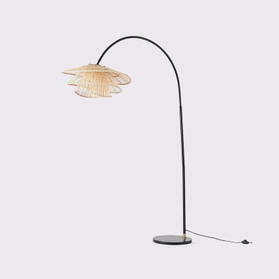 Hand-woven rattan and bamboo lampshade arc floor lamp