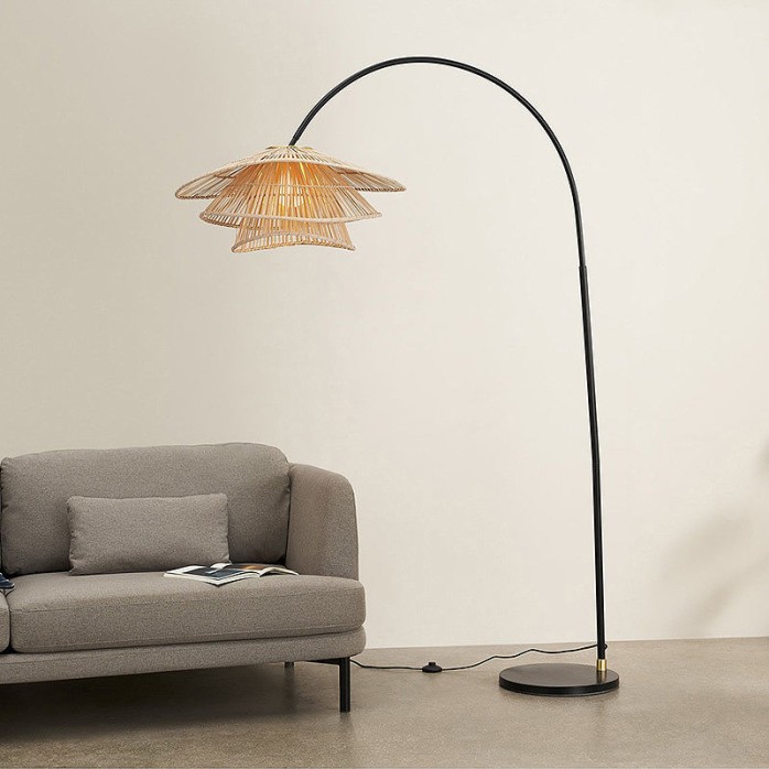Hand-woven rattan and bamboo lampshade arc floor lamp