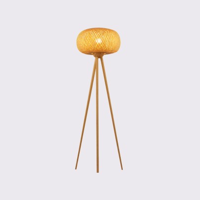 Triangular floor lamp with hand-woven bamboo shade