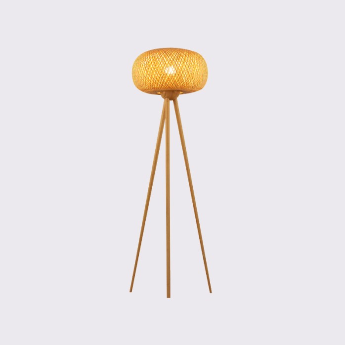 Triangular floor lamp with hand-woven bamboo shade