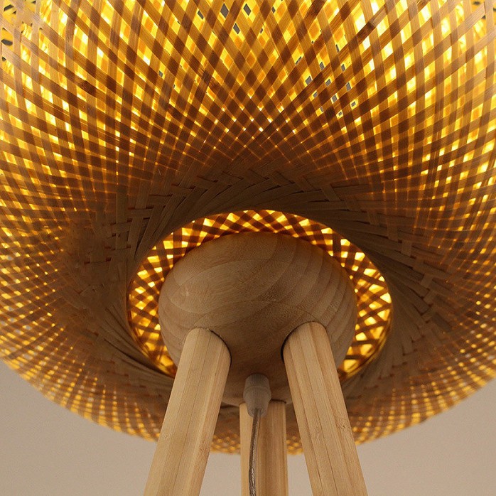Triangular floor lamp with hand-woven bamboo shade