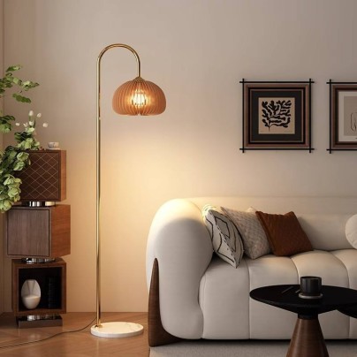 Vintage wooden pumpkin shade LED floor lamp