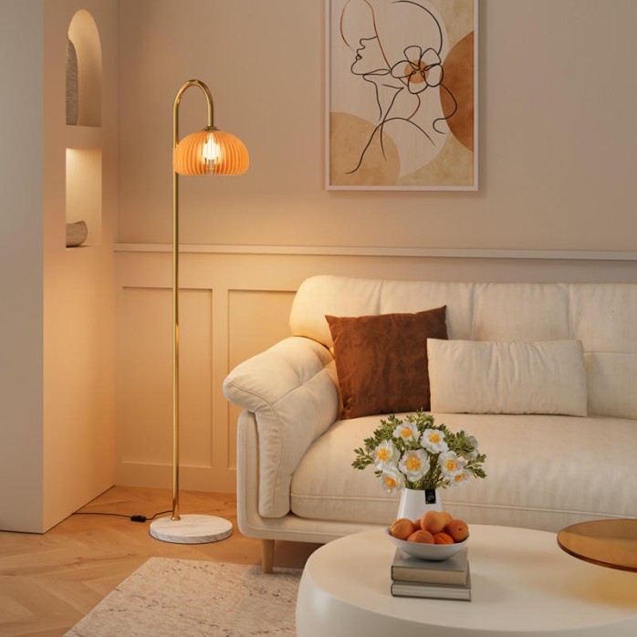 Vintage wooden pumpkin shade LED floor lamp